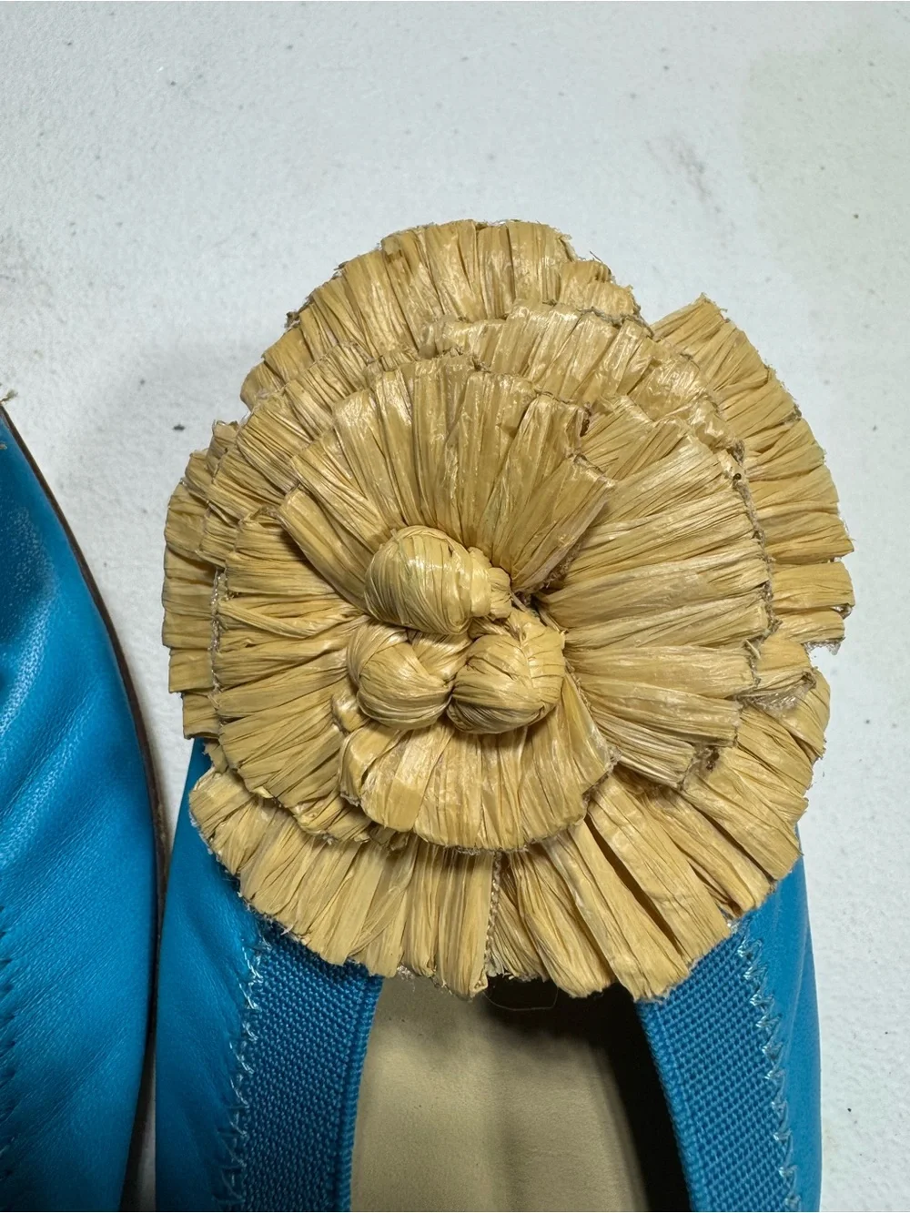 CHANEL Turquoise Ballet Flats with Raffia Flower
